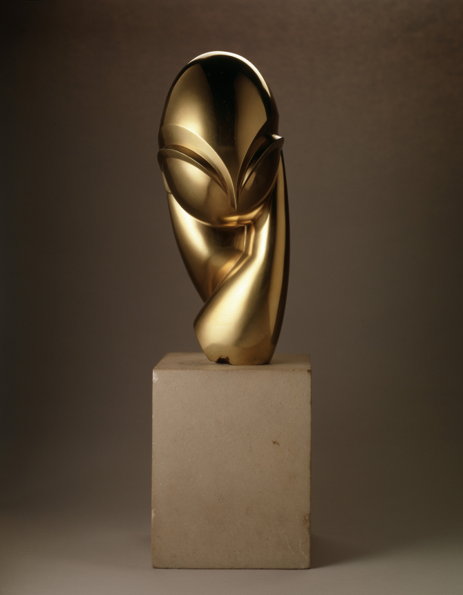 Constantin Brancusi (French, Born Romania, 1876 – 1957), "Mademoiselle Pogany II," 1925, Polished bronze on limestone base, 17 x 7 1/4 x 9 3/8 in. (43.2 x 18.4 x 23.8 cm), Base: 8 1/2 x 9 1/16 x 10 5/8 in. (21.6 x 23 x 27 cm), Bequest of R. H. Norton, 53.