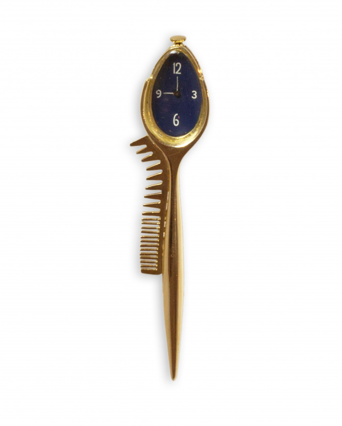 Salvador Dalí (Spanish, 1904–1989), "Montre petite cuillère", 1957, Hair brooch, Gold and midnight blue enamel, Edition 3 of 6, 4 7/16 x 1/8 in. (11.2 x 2.5 cm), Diane Venet Collection